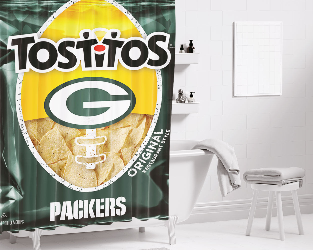 Tostitos Green Bay Packers Bathroom Shower Curtain Fabric Waterproof | 66 X 72 Inch