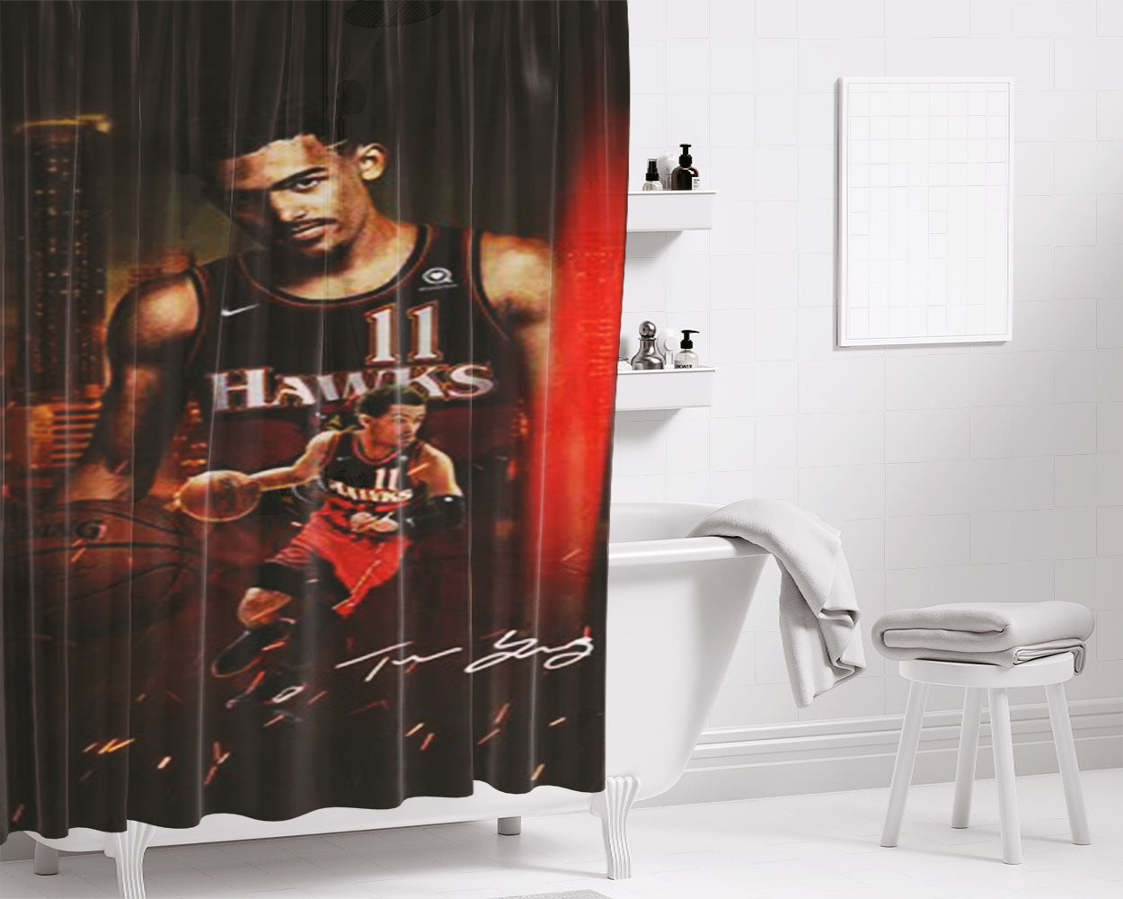 Trea Young Signature Atlanta Hawks Bathroom Shower Curtain Fabric Waterproof | 66 X 72 Inch