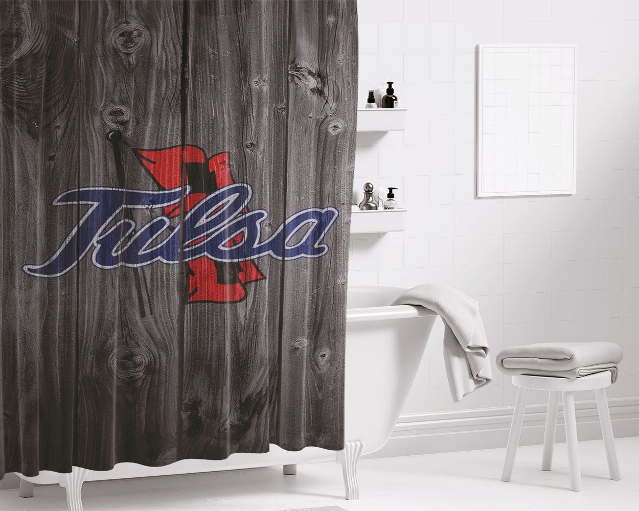 Tulsa Golden Hurricane Nfl Logo Dark Wood Wallpaper Bathroom Shower Curtain Fabric Waterproof | 66 X 72 Inch