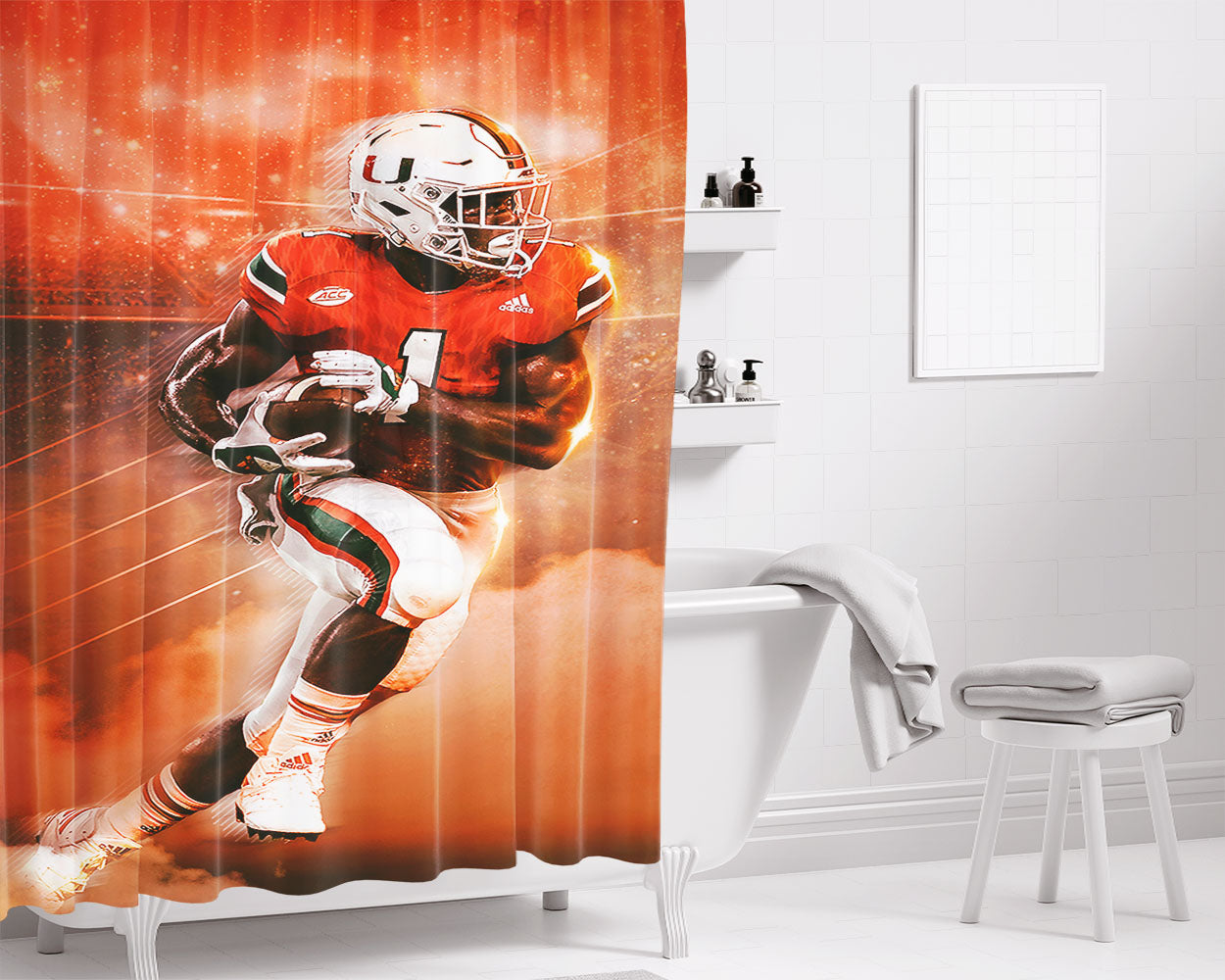 University Of Miami Football Bathroom Shower Curtain Fabric Waterproof | 66 X 72 Inch