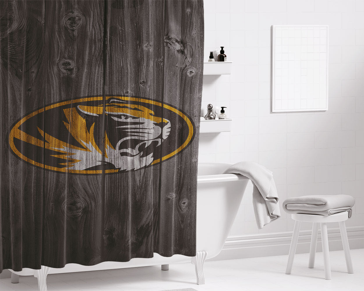 University Of Missouri Tigers Logo Dark Wood Wallpaper Bathroom Shower Curtain Fabric Waterproof | 66 X 72 Inch
