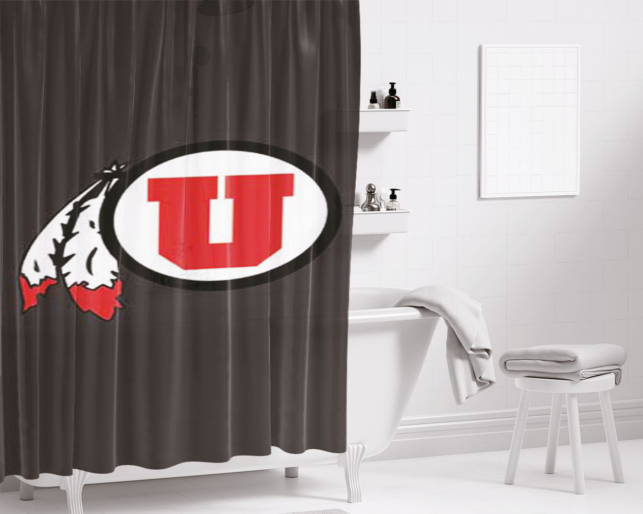 Utah State Logo On Grey Bathroom Shower Curtain Fabric Waterproof | 66 X 72 Inch