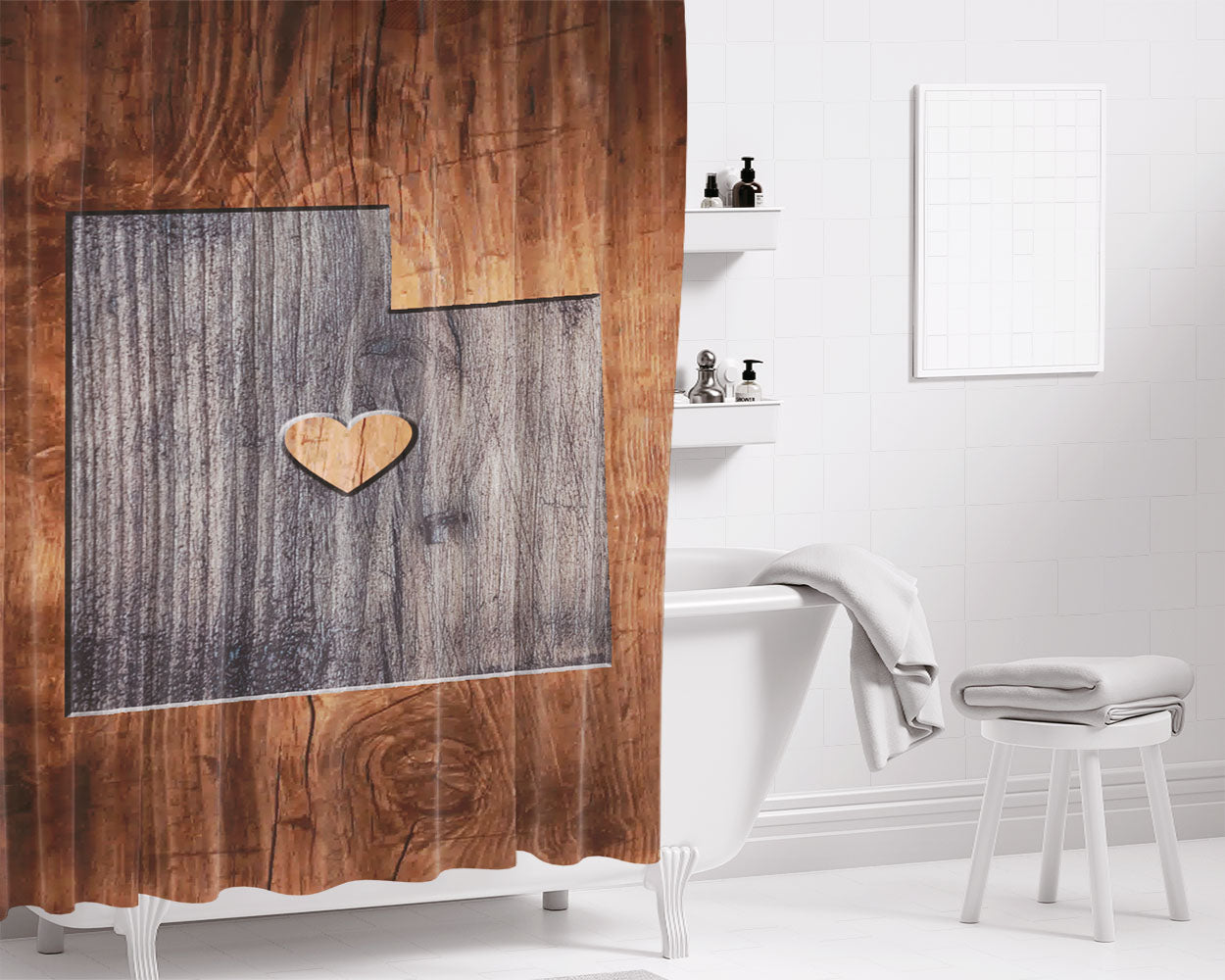 Utah States Map Two Tone Wood Texture Bathroom Shower Curtain Fabric Waterproof | 66 X 72 Inch