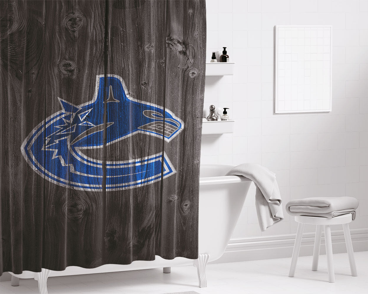 Vancouver Canucks Nhl Logo Dark Wood Wallpaper Bathroom Shower Curtain Fabric Waterproof | 66 X 72 Inch
