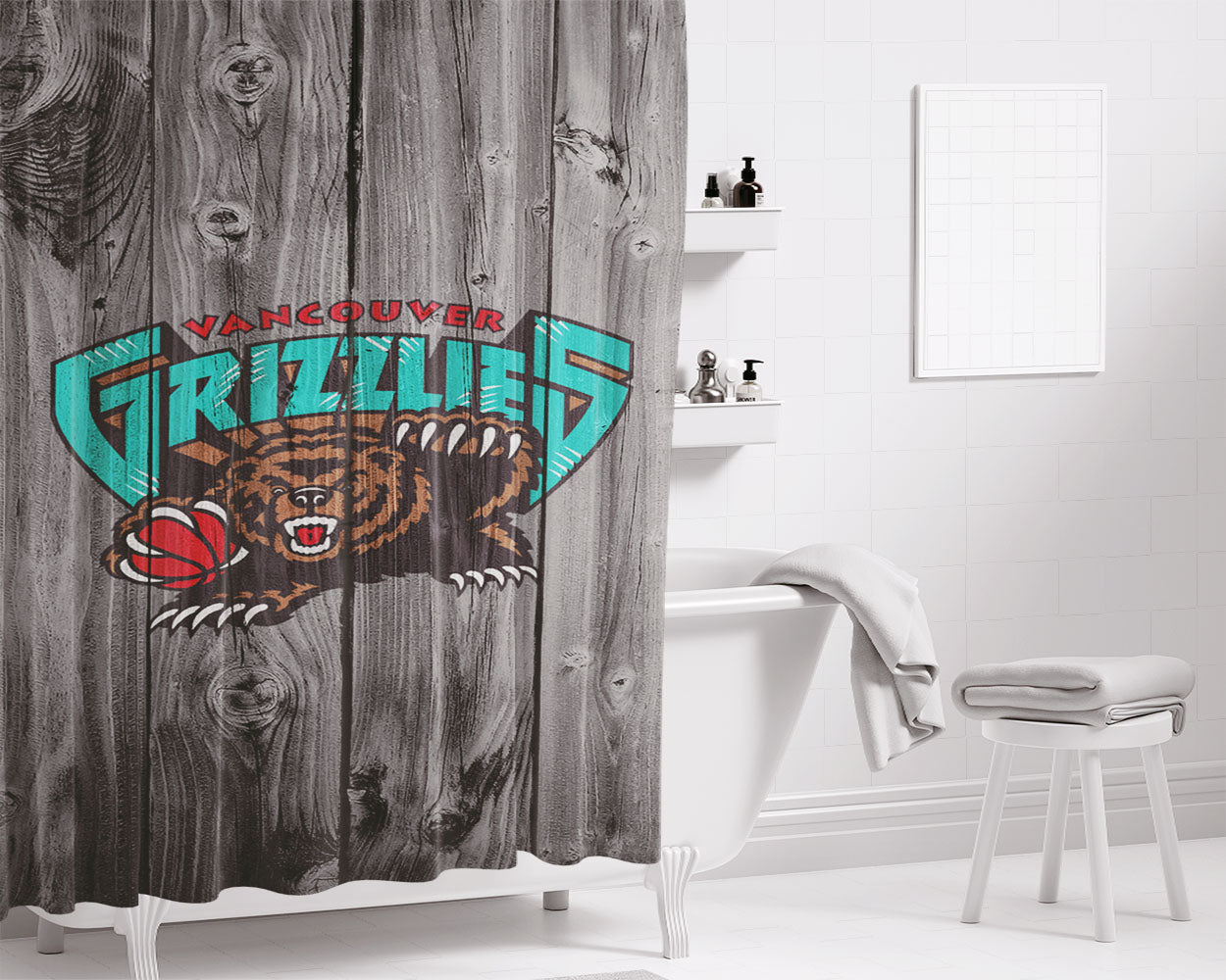 Vancouver Grizzlies Nba Logo Dark Wood Wallpaper Bathroom Shower Curtain Fabric Waterproof | 66 X 72 Inch