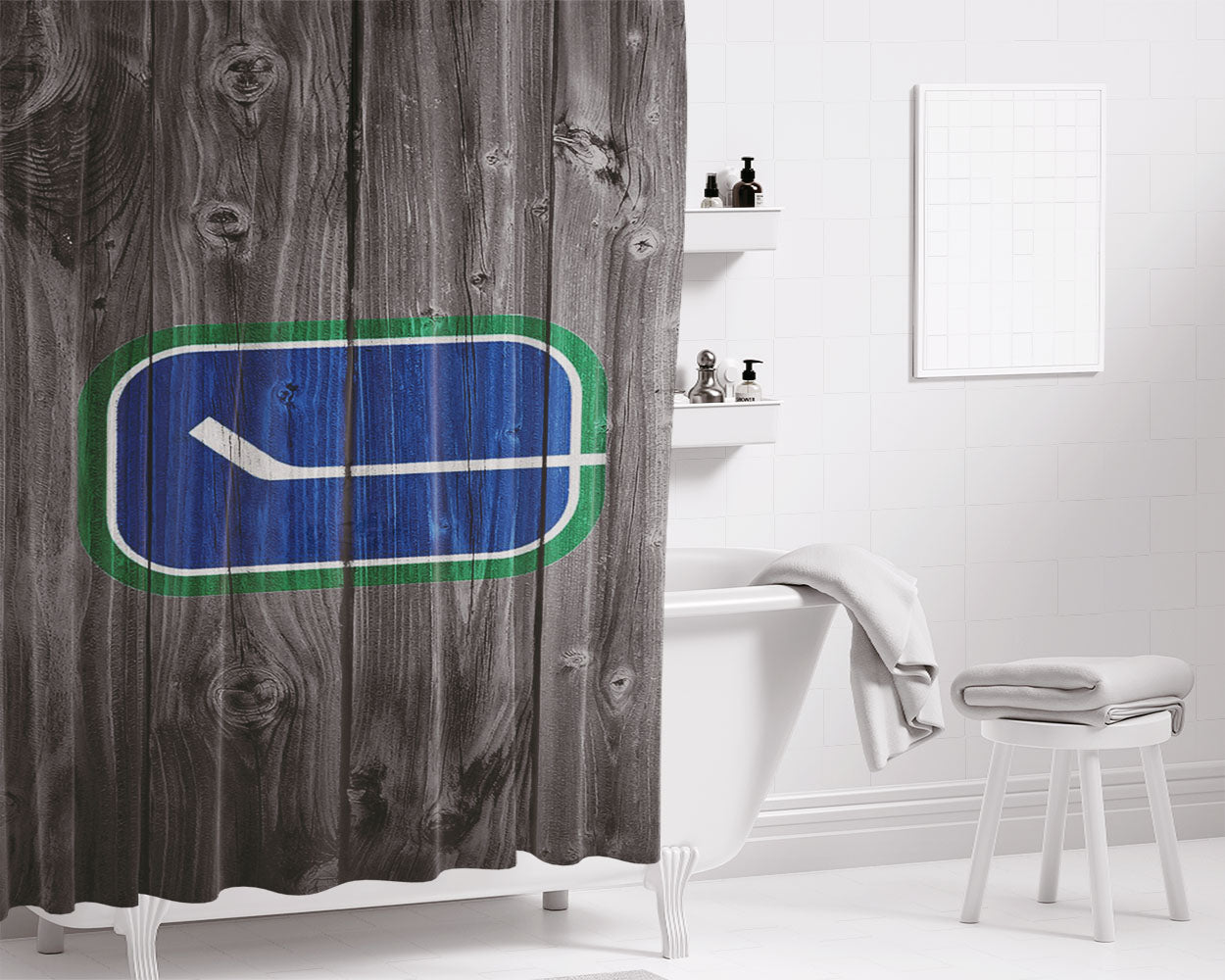 Vancouver Nhl Logo Dark Wood Wallpaper Bathroom Shower Curtain Fabric Waterproof | 66 X 72 Inch