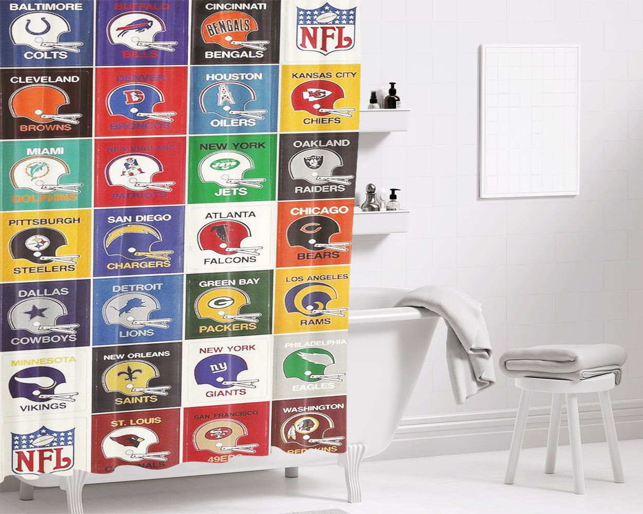 Vintage 70S Nfl Football Helmet Bathroom Shower Curtain Fabric Waterproof | 66 X 72 Inch