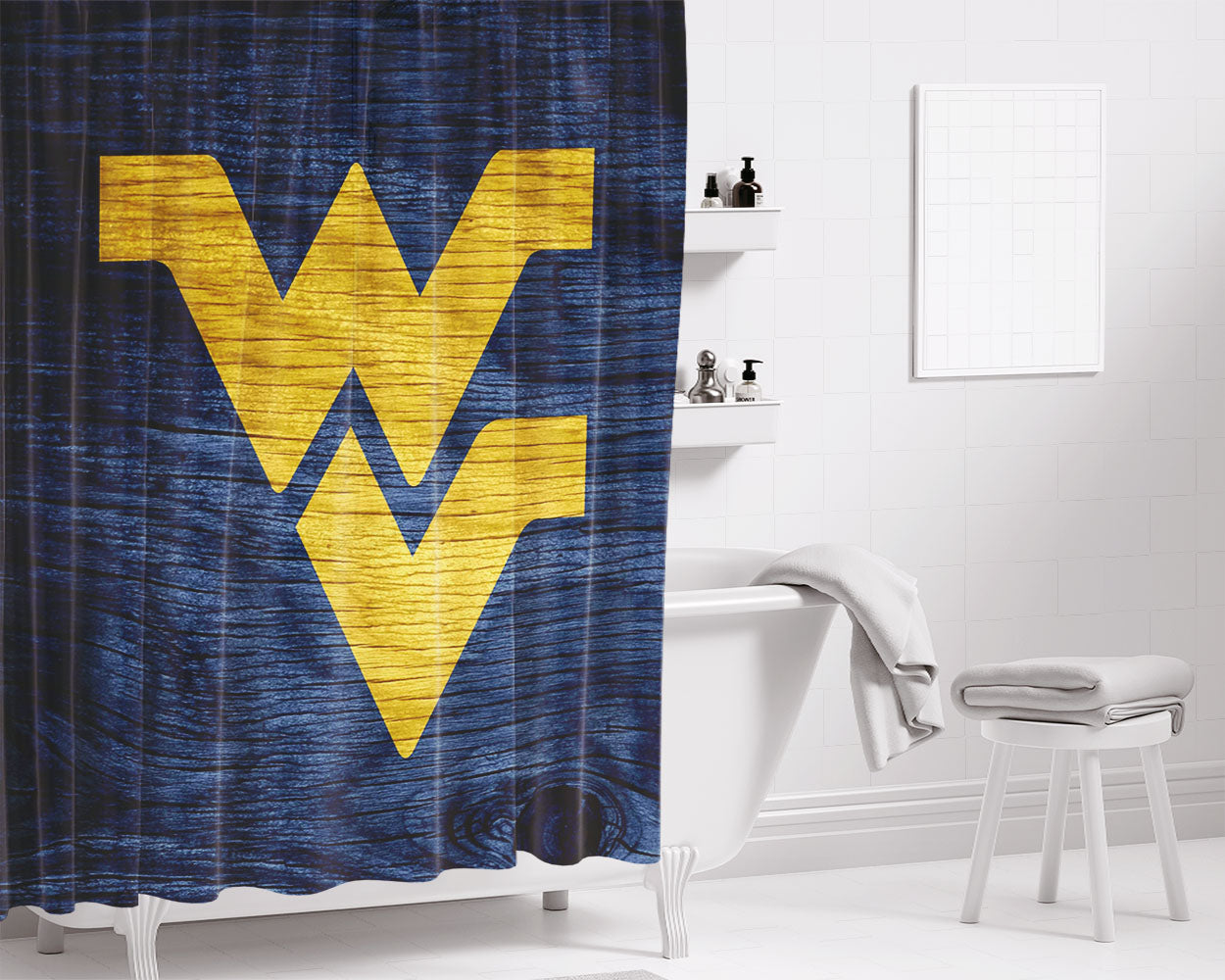 West Virginia Logo Wood Wallpaper Bathroom Shower Curtain Fabric Waterproof | 66 X 72 Inch