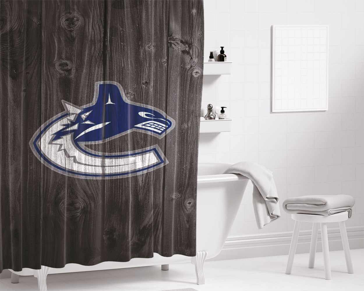 White Vancouver Canucks Nhl Logo Dark Wood Wallpaper Bathroom Shower Curtain Fabric Waterproof | 66 X 72 Inch