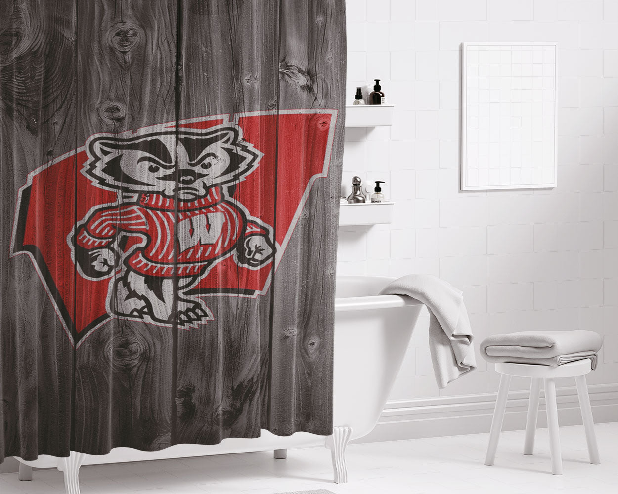Wisconsin Badgers Bucky Logo Dark Wood Wallpaper Bathroom Shower Curtain Fabric Waterproof | 66 X 72 Inch
