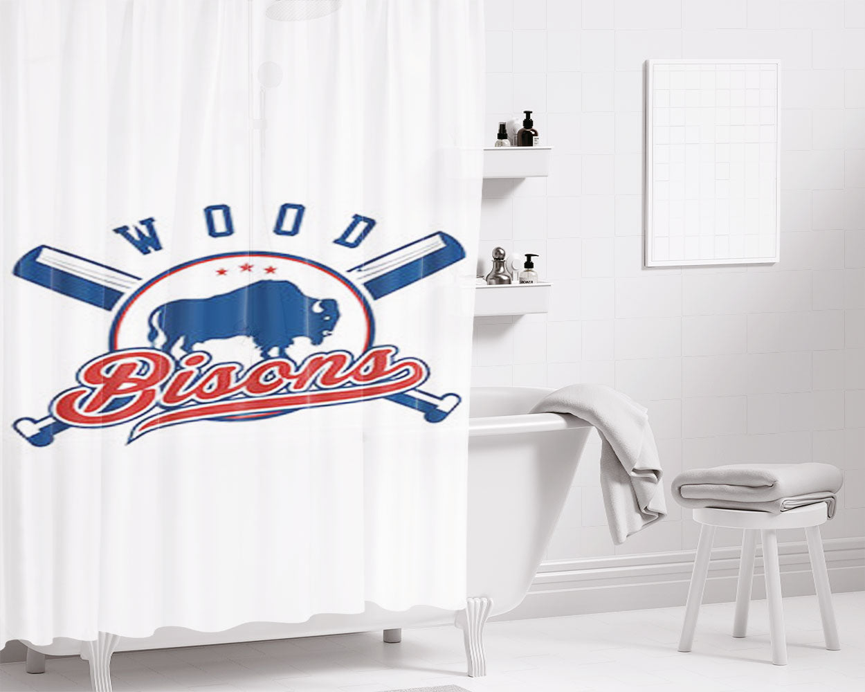 Wood Bisons Baseball Loogo White Bathroom Shower Curtain Fabric Waterproof | 66 X 72 Inch