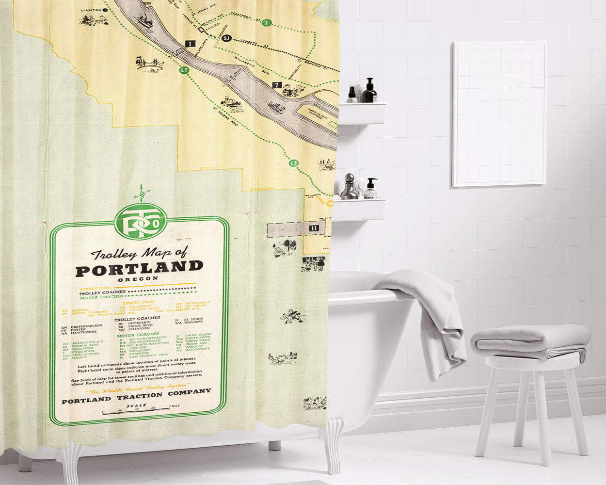 Vintage Portland Map Bathroom Shower Curtain Fabric Waterproof | 66 X 72 Inch