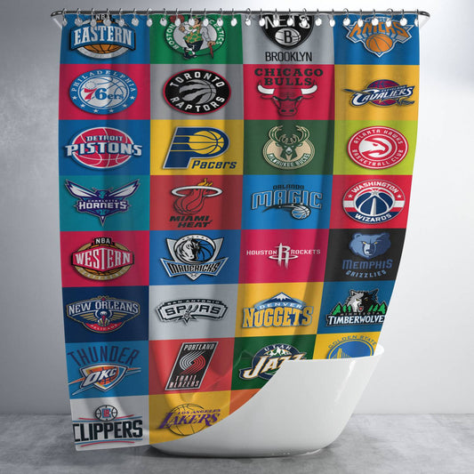 All Nba Team Logos Collage Bathroom Shower Curtain Fabric Waterproof | 66 X 72 Inch