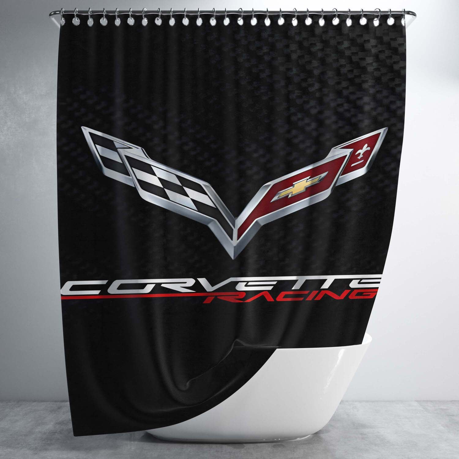 Corvette Logo Carbon Bathroom Shower Curtain Fabric Waterproof | 66 X 72 Inch