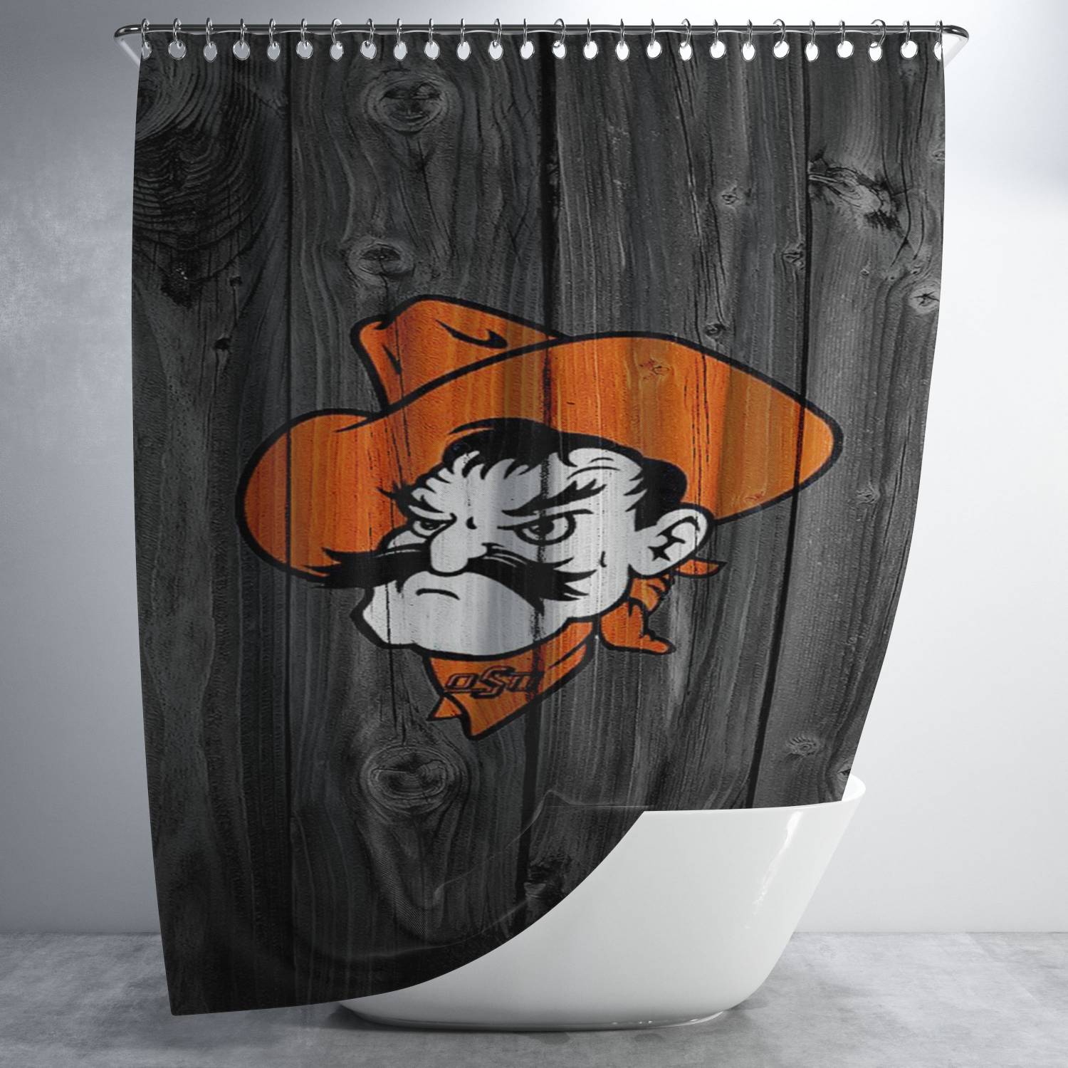 Oklahoma State Pistol Pete Logo Dark Wood Wallpaper Bathroom Shower Curtain Fabric Waterproof | 66 X 72 Inch