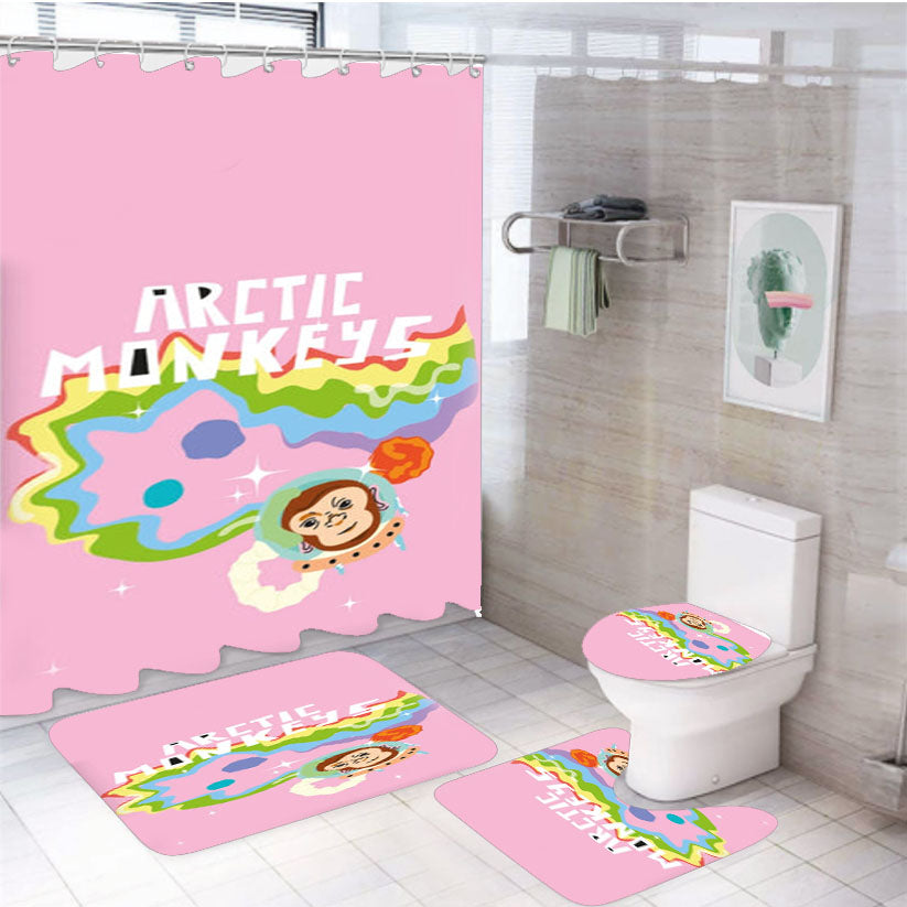 A Monkeys - Pink White Shower Curtain Set Fabric Waterproof