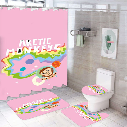 A Monkeys - Pink 4Pcs Bathroom Non-Slip Rugs Shower Curtain Fabric Waterproof