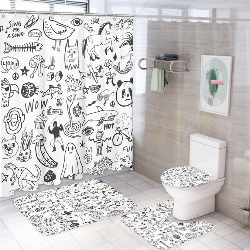 Black And White Handrawn White Shower Curtain Set Fabric Waterproof