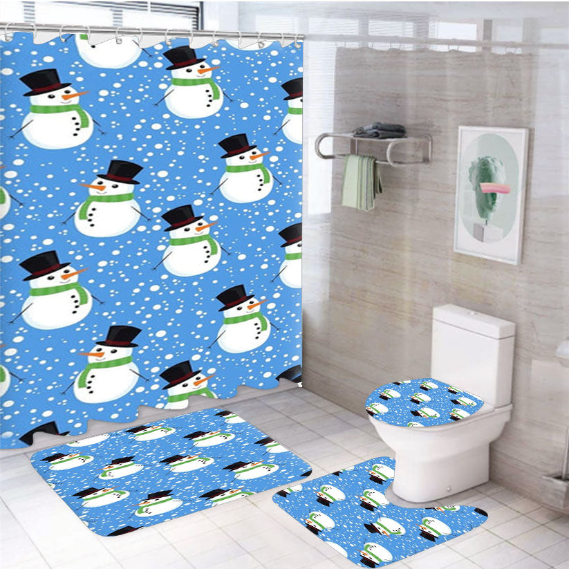 Blue Snowman Pattern White Shower Curtain Set Fabric Waterproof