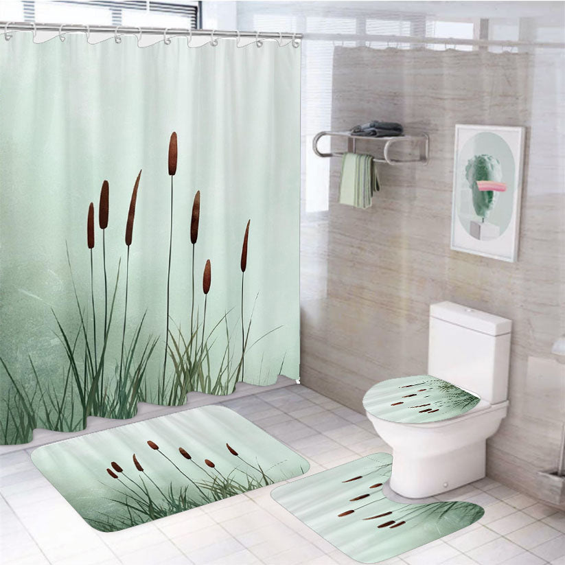 Calm Green White Shower Curtain Set Fabric Waterproof