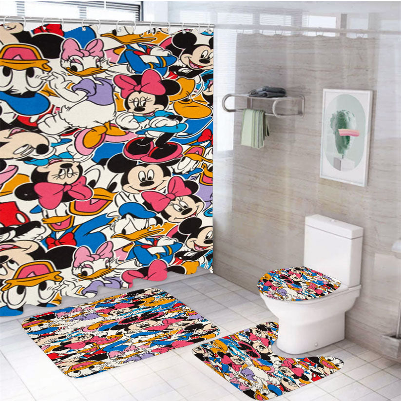Disney Mickey Mouse Family Sticker Bomb White Shower Curtain Set Fabric Waterproof