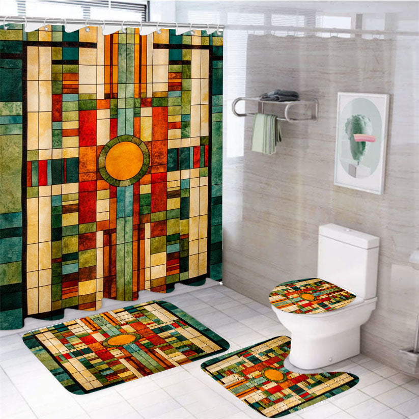 Frank Lloyd Wright Inspired White Shower Curtain Set Fabric Waterproof