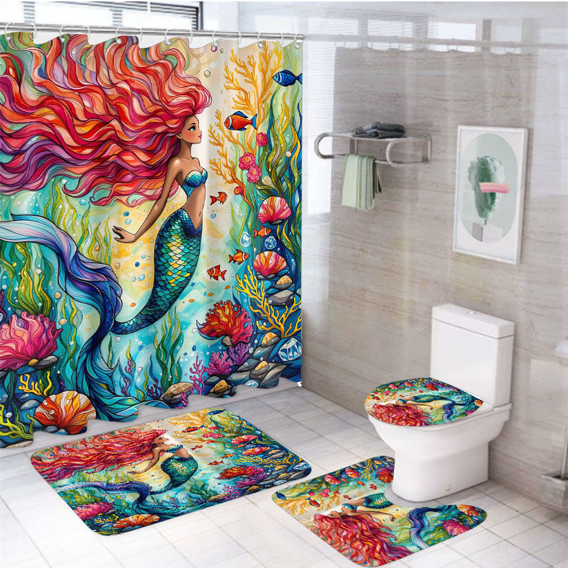 Mermaid White Shower Curtain Set Fabric Waterproof
