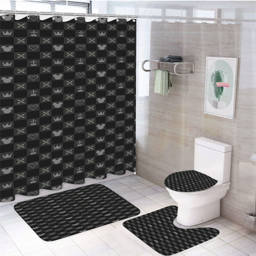 Mickey Mouse Kingdom Hearts Pattern White Shower Curtain Set Fabric Waterproof