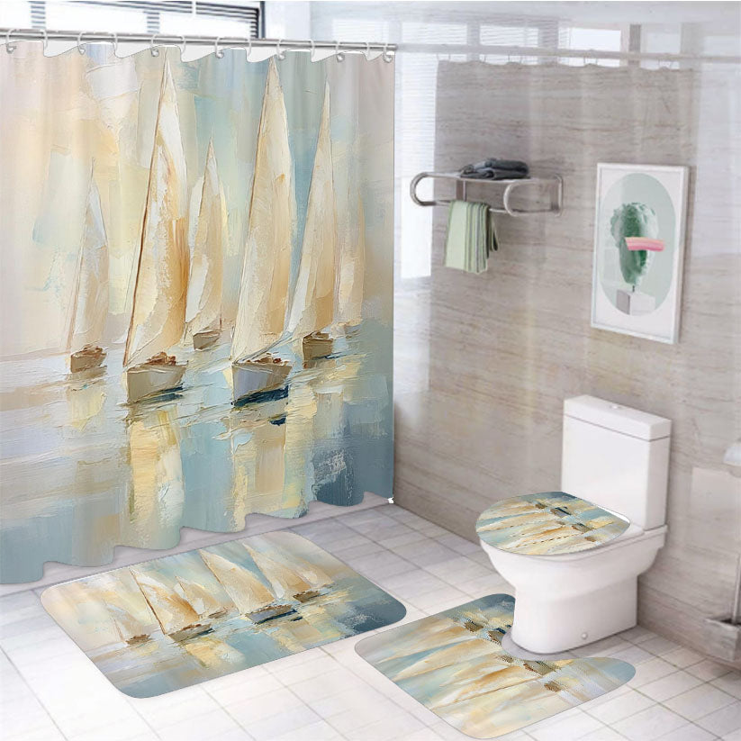 Sailboat White Shower Curtain Set Fabric Waterproof