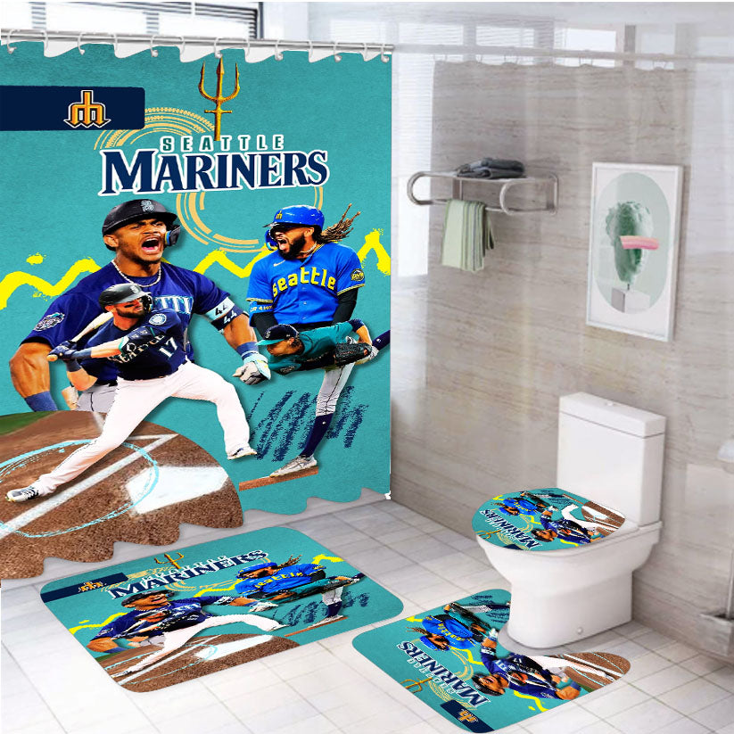 Seattle Mariners White Shower Curtain Set Fabric Waterproof