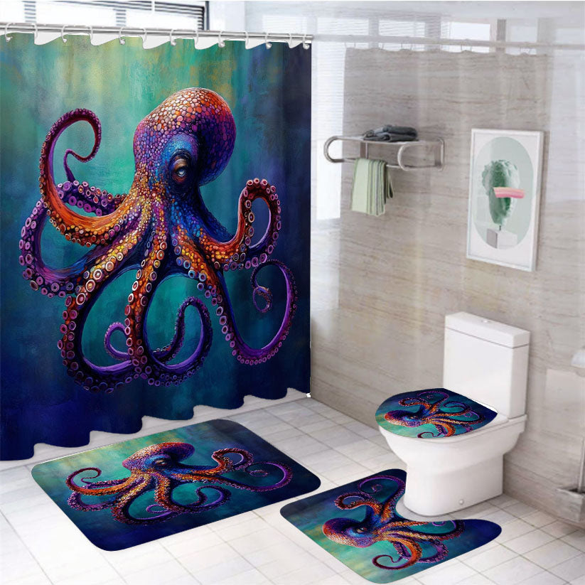 Vibrant Octopus White Shower Curtain Set Fabric Waterproof