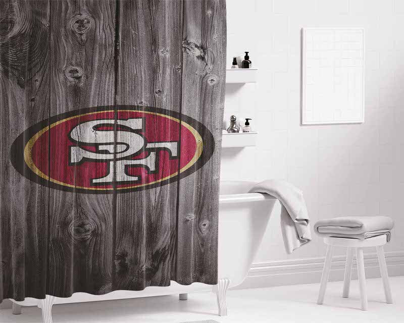 San Francisco 49Ers Nfl Wood Logo Dark Wood Wallpaper Bathroom Shower Curtain Fabric Waterproof | 66 X 72 Inch