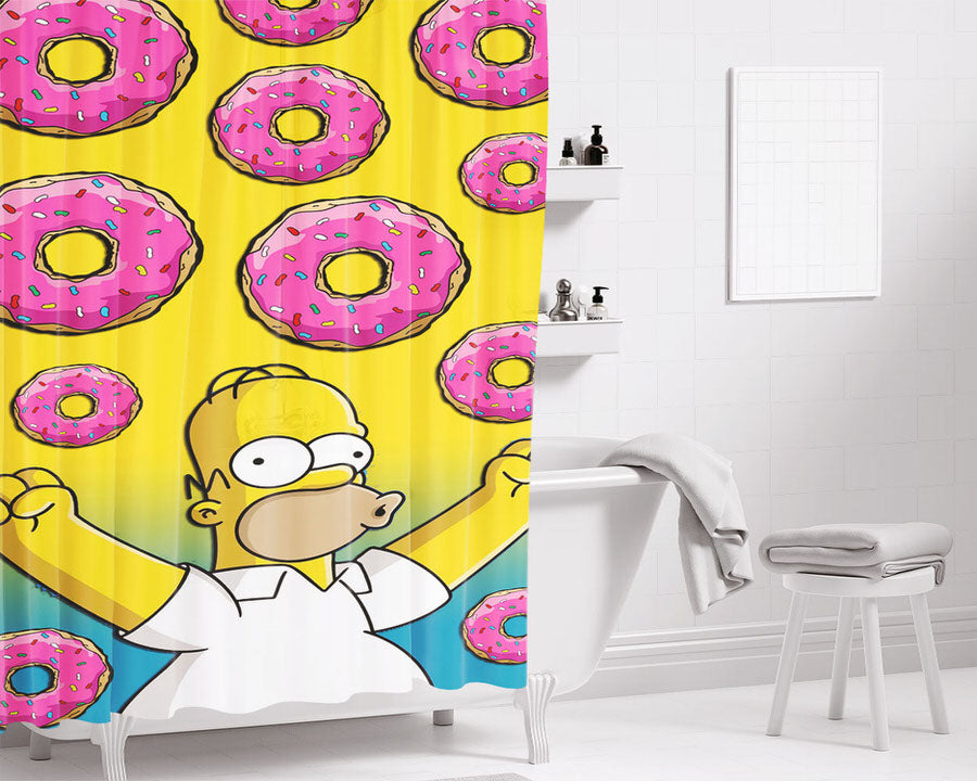 Homer Simpson Donuts Pink Bathroom Shower Curtain Fabric Waterproof | 66 X 72 Inch