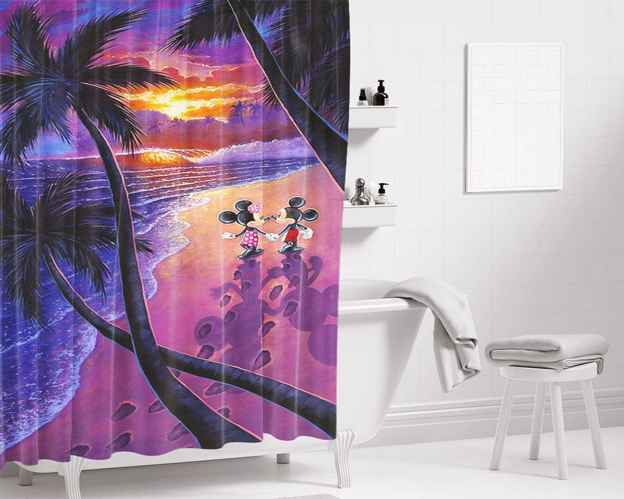 Minnie Mickey Mouse Romance Beach Bathroom Shower Curtain Fabric Waterproof | 66 X 72 Inch