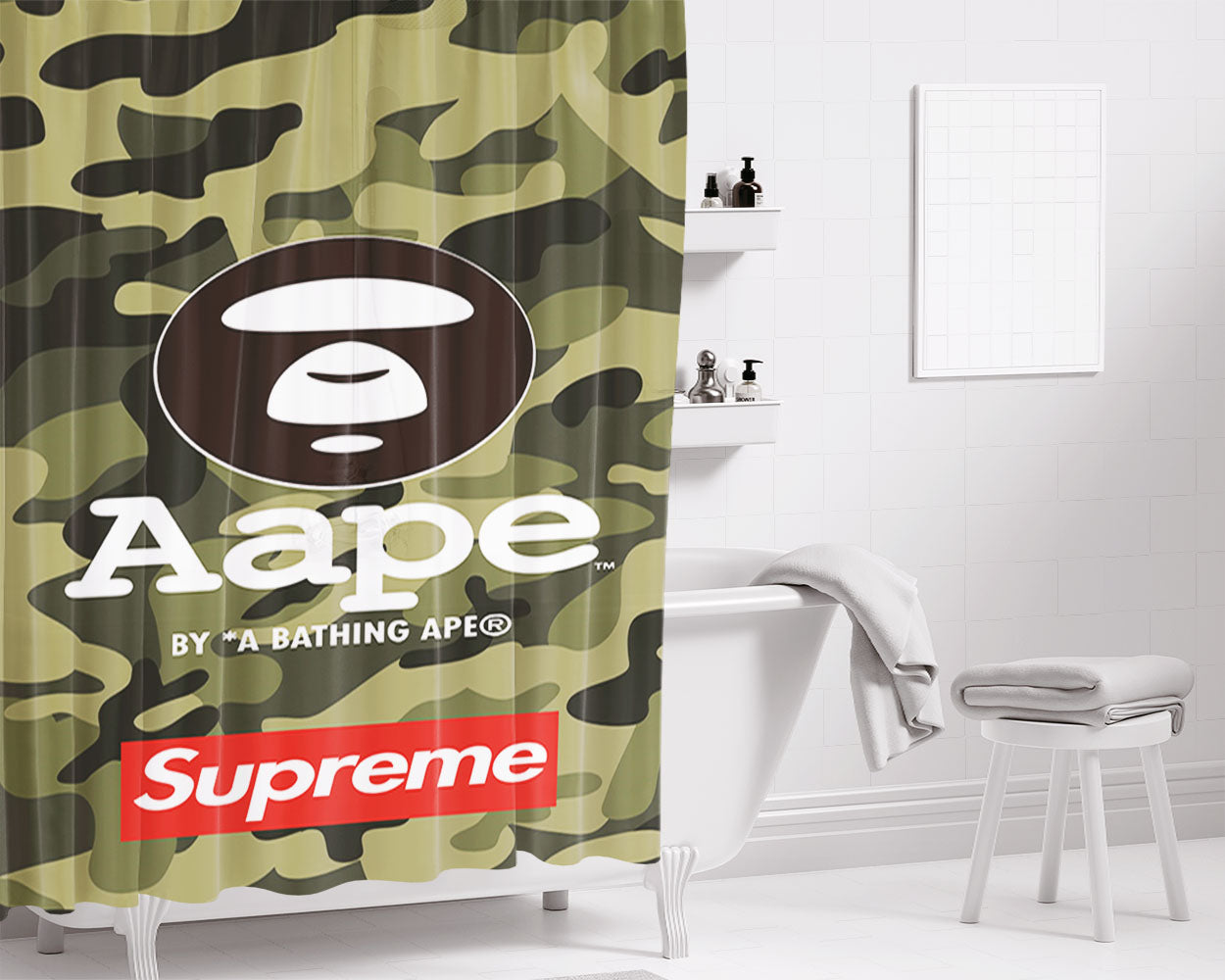 Aape Logo Camouflage Supreme Bathroom Shower Curtain Fabric Waterproof | 66 X 72 Inch
