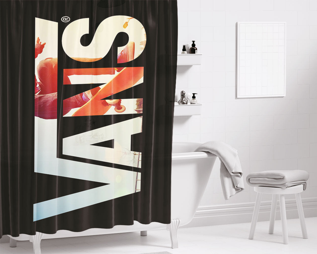 Black Vans Logo Skate Bathroom Shower Curtain Fabric Waterproof | 66 X 72 Inch