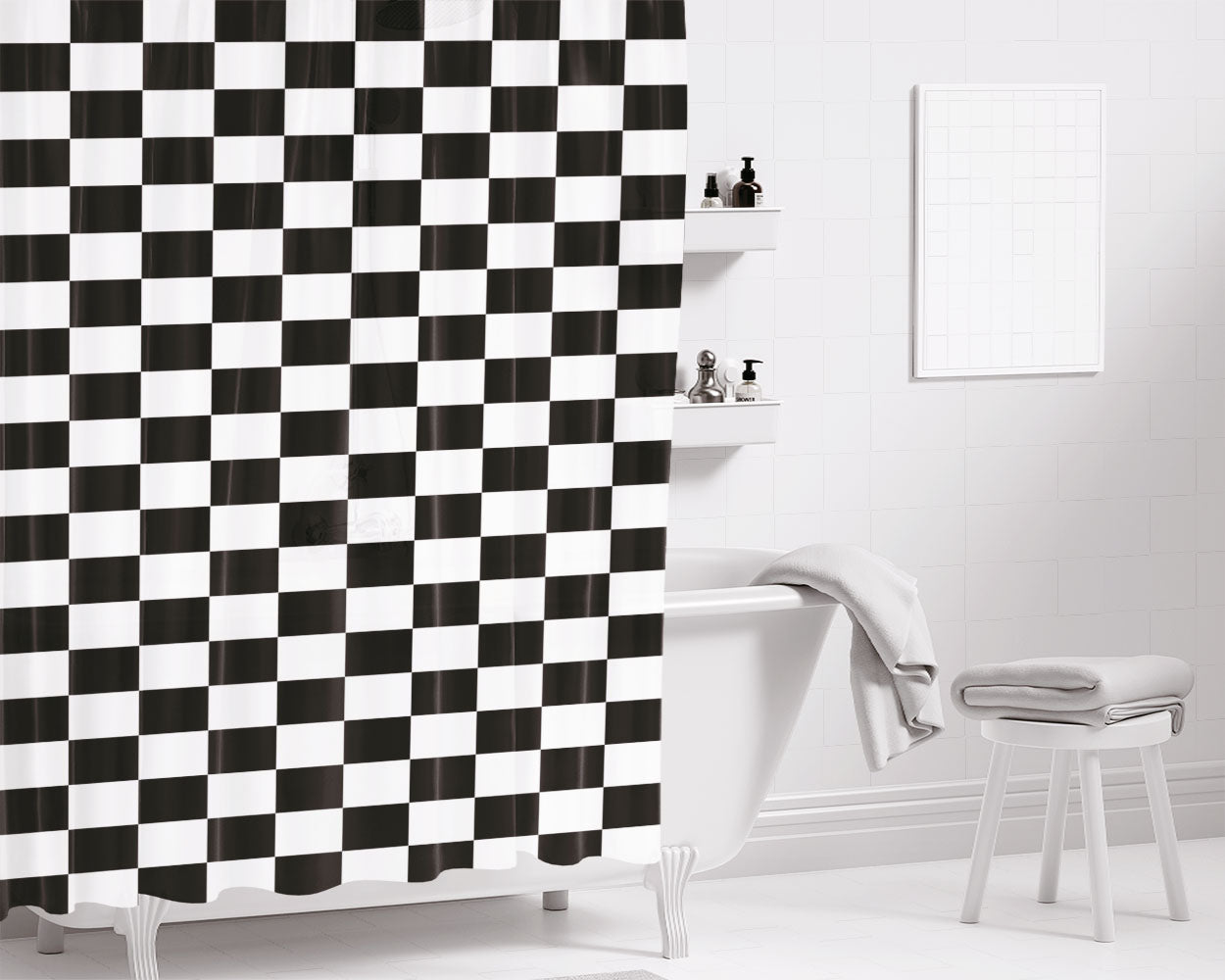 Black White Vans Chess Texture Bathroom Shower Curtain Fabric Waterproof | 66 X 72 Inch