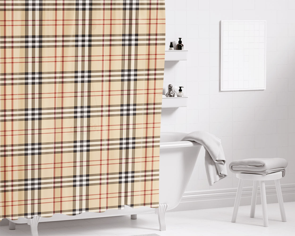 Burberry Patttern Bathroom Shower Curtain Fabric Waterproof | 66 X 72 Inch