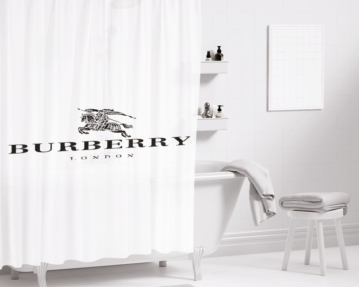 Burberry White Bathroom Shower Curtain Fabric Waterproof | 66 X 72 Inch
