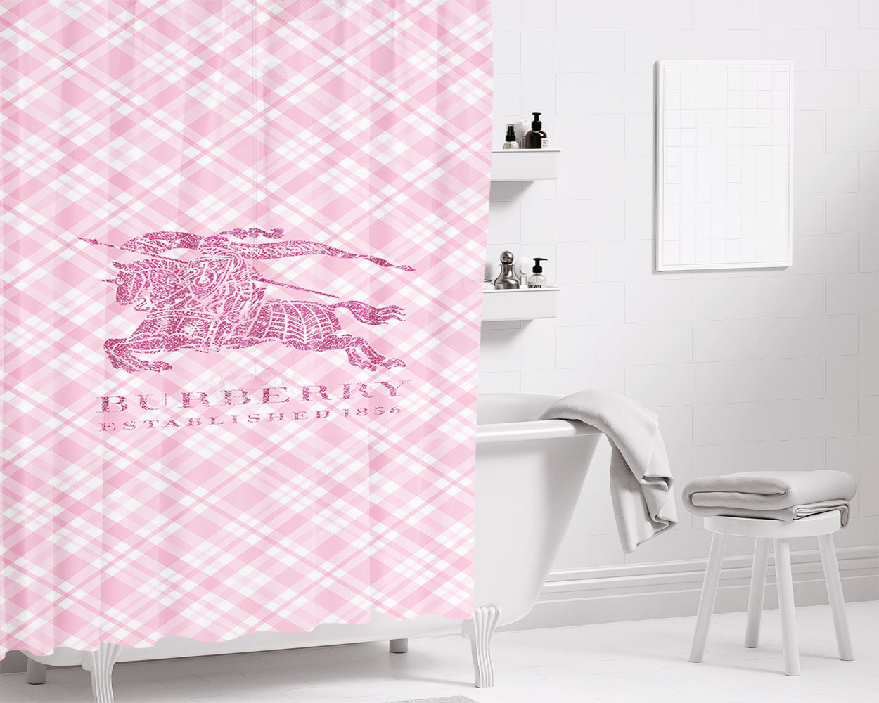 Glitter Burberry Established 1856 Bathroom Shower Curtain Fabric Waterproof | 66 X 72 Inch