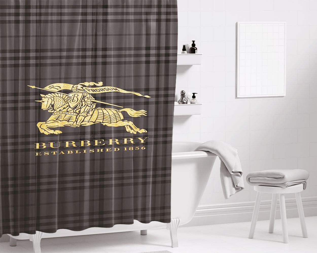 Grey Stripe Burberry Bathroom Shower Curtain Fabric Waterproof | 66 X 72 Inch