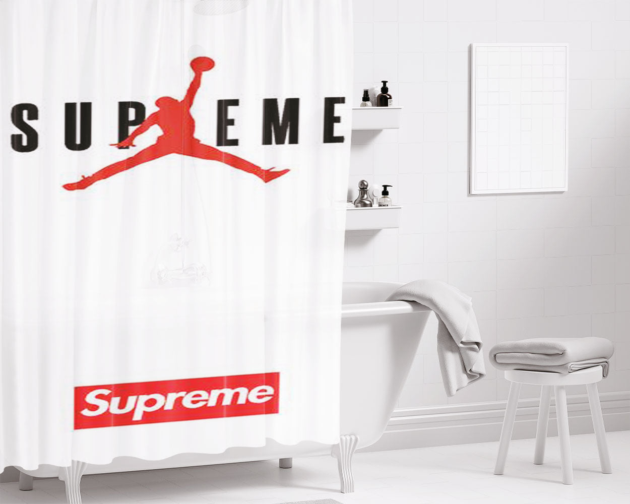 Jordan Supreme White Bathroom Shower Curtain Fabric Waterproof | 66 X 72 Inch
