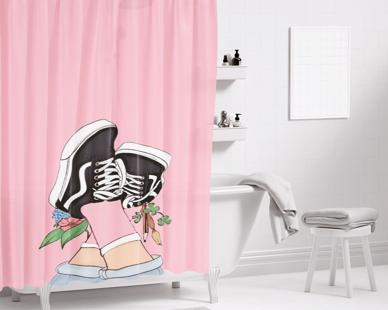 Old Skool Vans Shoes Pink Socks Flower Art Bathroom Shower Curtain Fabric Waterproof | 66 X 72 Inch