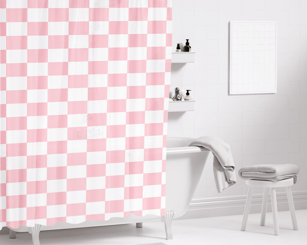 Pink Checkered Vans Shoes Bathroom Shower Curtain Fabric Waterproof | 66 X 72 Inch
