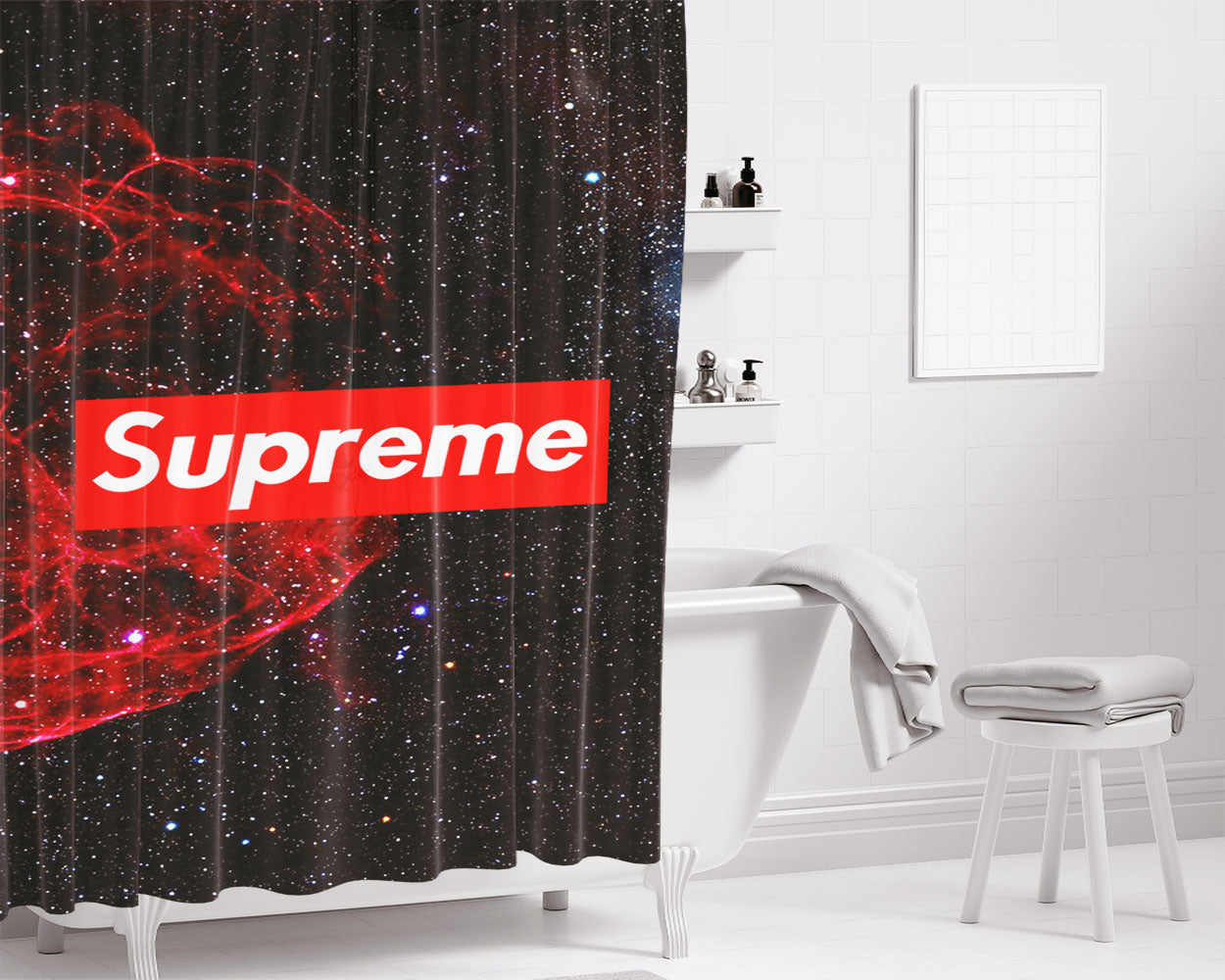Supreme Black Red Of Galaxy Bathroom Shower Curtain Fabric Waterproof | 66 X 72 Inch