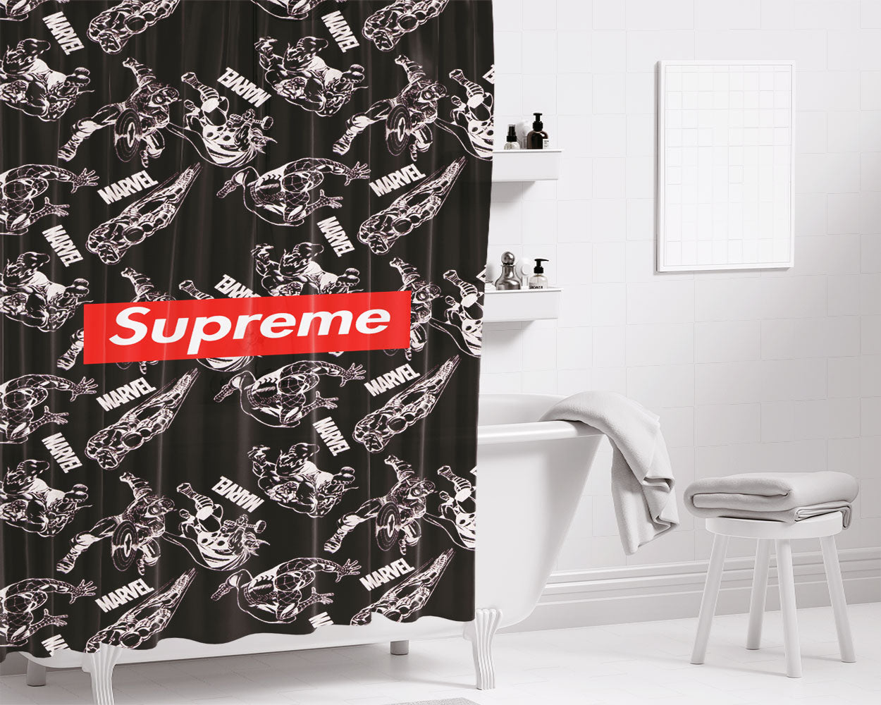 Supreme Bw Marvel Superheroes Bathroom Shower Curtain Fabric Waterproof | 66 X 72 Inch