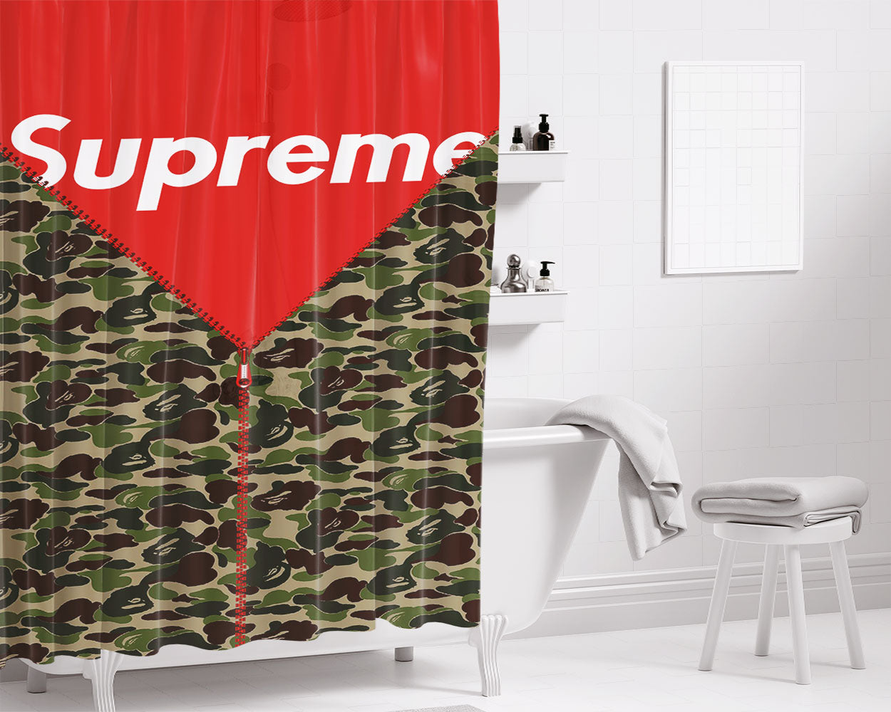 Supreme Camo Bathroom Shower Curtain Fabric Waterproof | 66 X 72 Inch