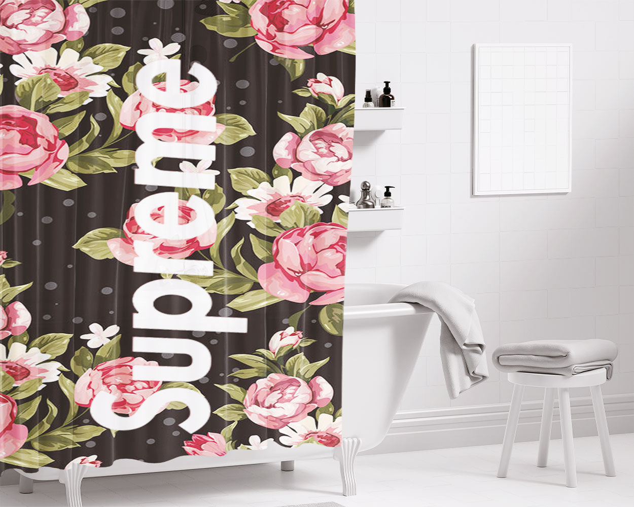 Supreme Flower Black Bathroom Shower Curtain Fabric Waterproof | 66 X 72 Inch