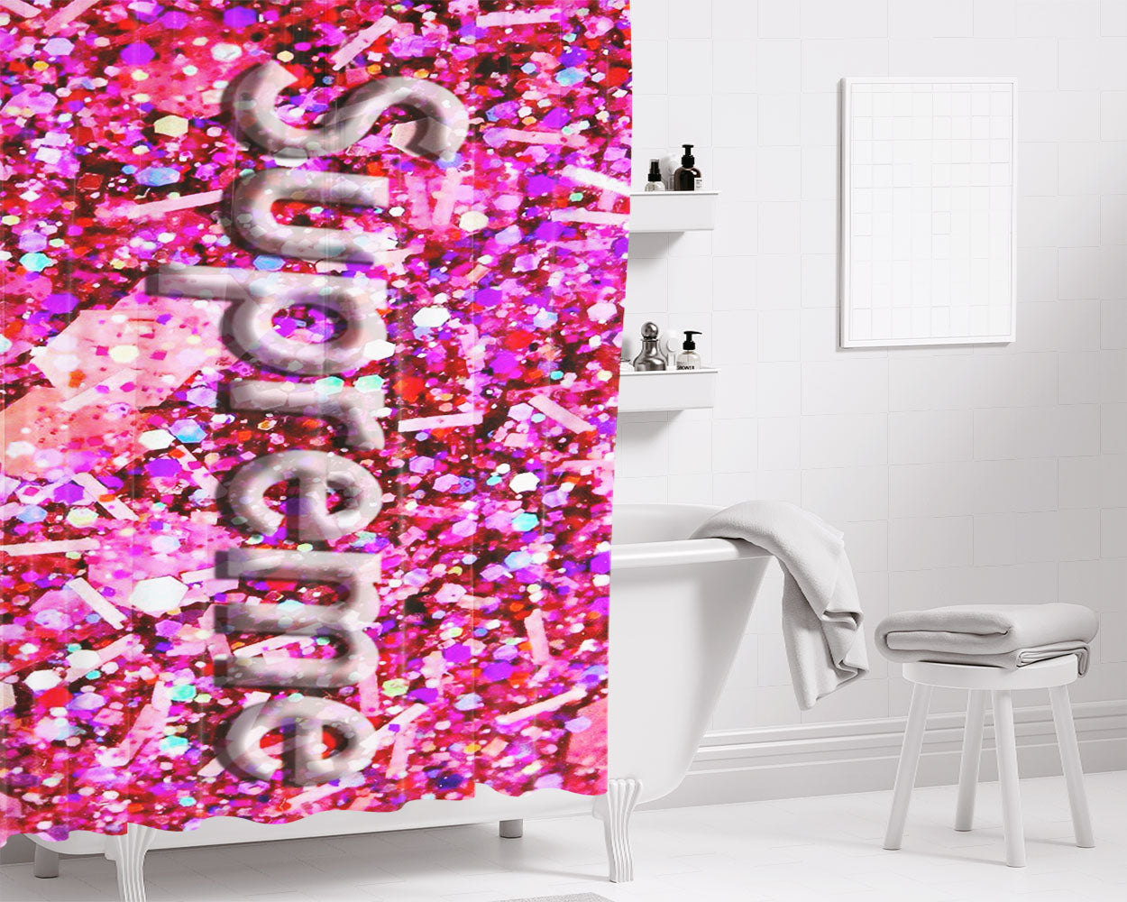 Supreme Gliter Pink Rose Bathroom Shower Curtain Fabric Waterproof | 66 X 72 Inch