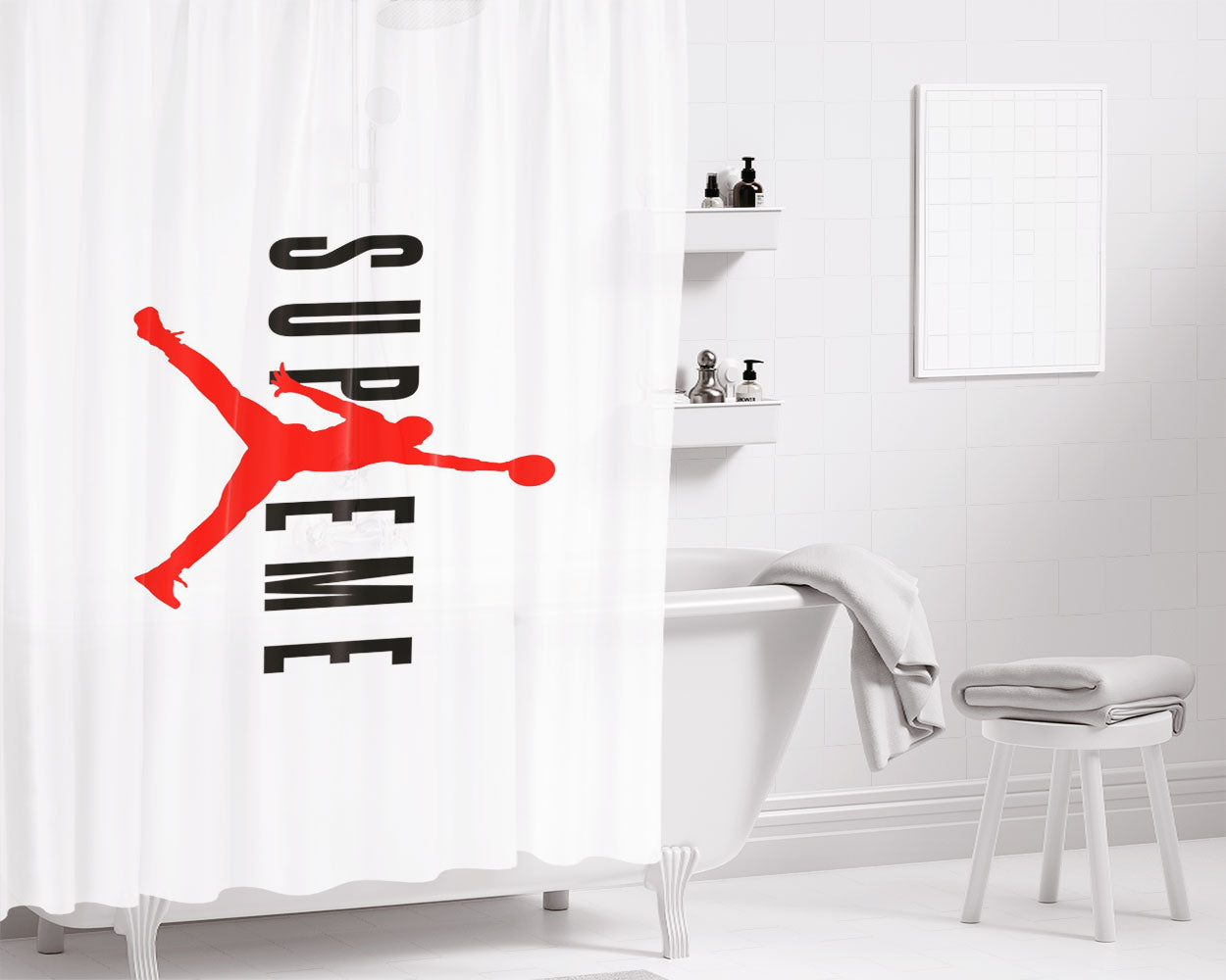Supreme Jordan White Bathroom Shower Curtain Fabric Waterproof | 66 X 72 Inch